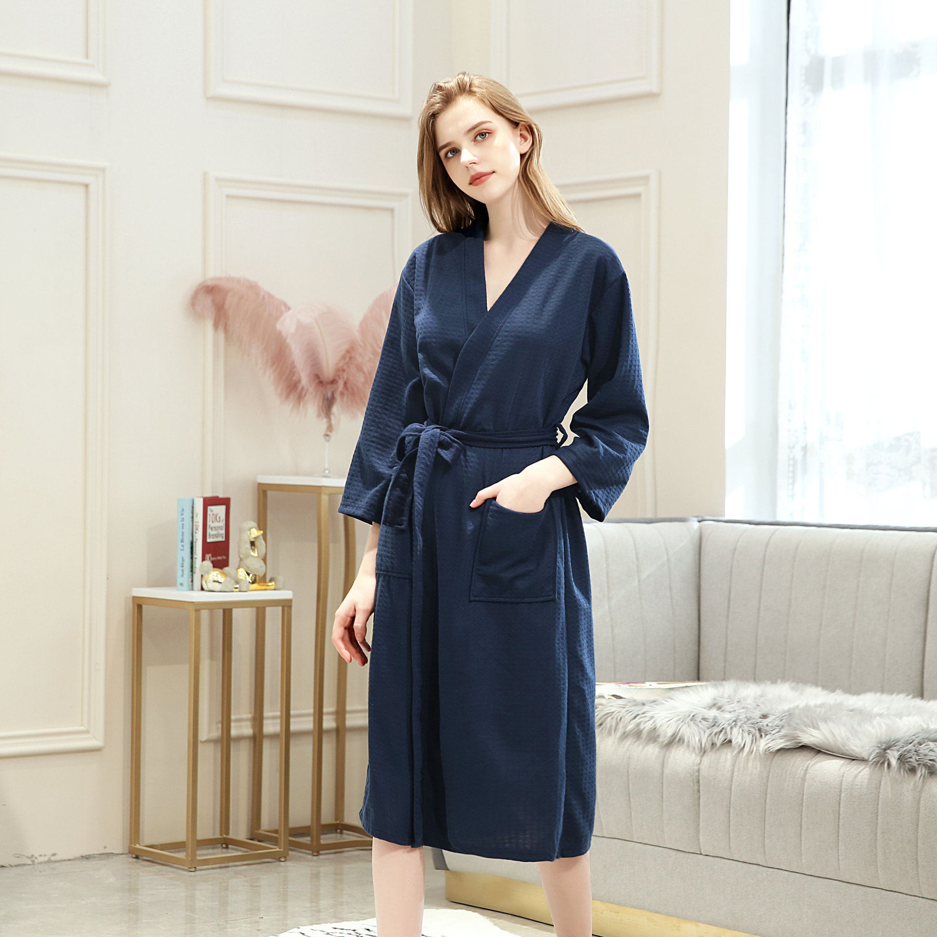 亚马逊shopee华夫格浴袍2026夏季汗蒸服女士欧美风吸水速干浴衣
