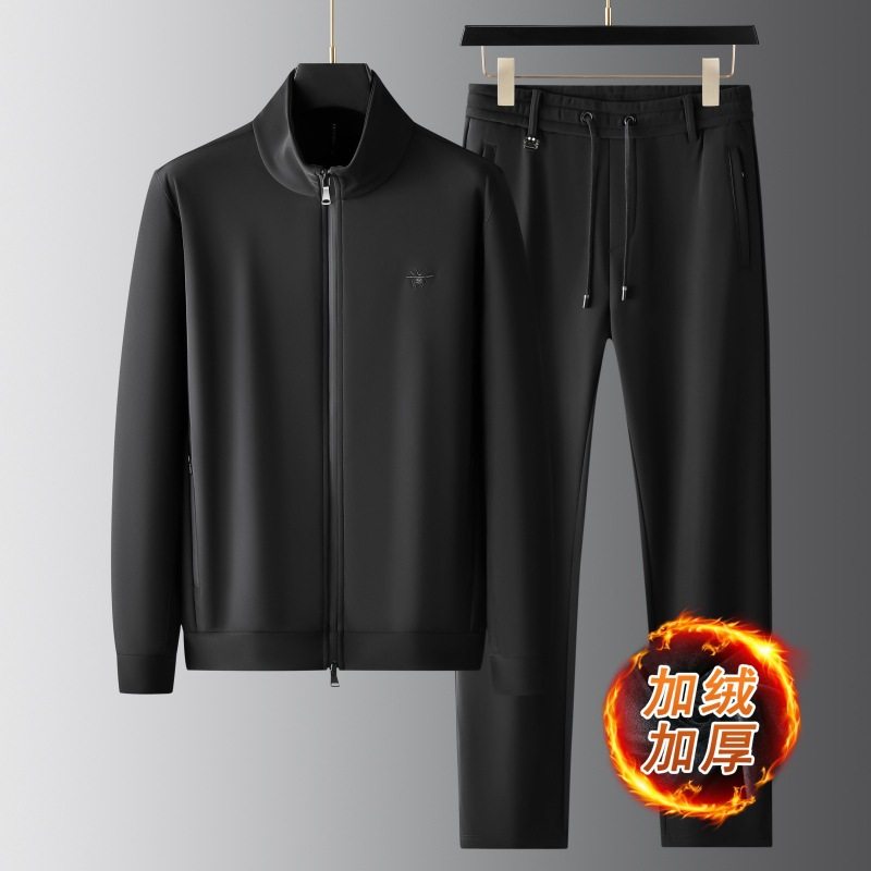 运动装男款套装加绒立领夹克针织两件套春秋冬季加厚男士休闲服