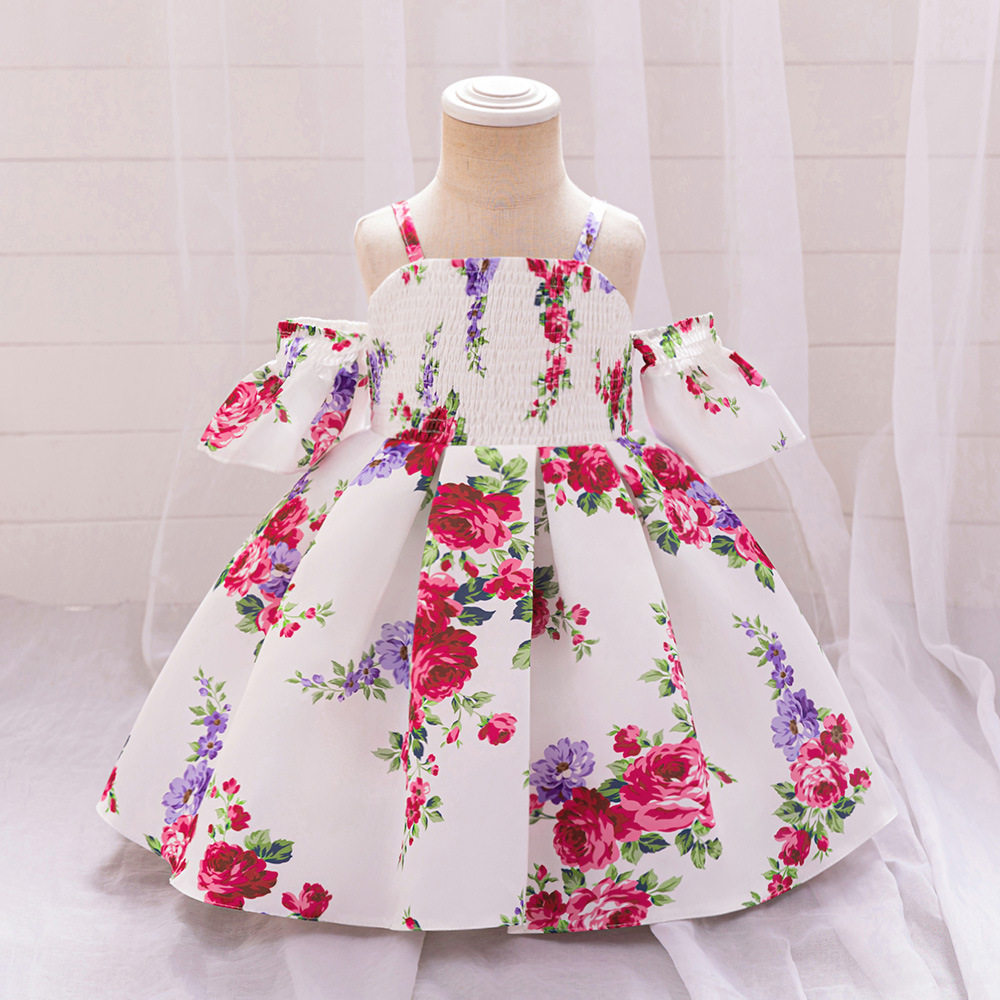 女童礼服裙 吊带露肩缎布印花蓬蓬公主裙宝宝花童周岁礼服连衣裙