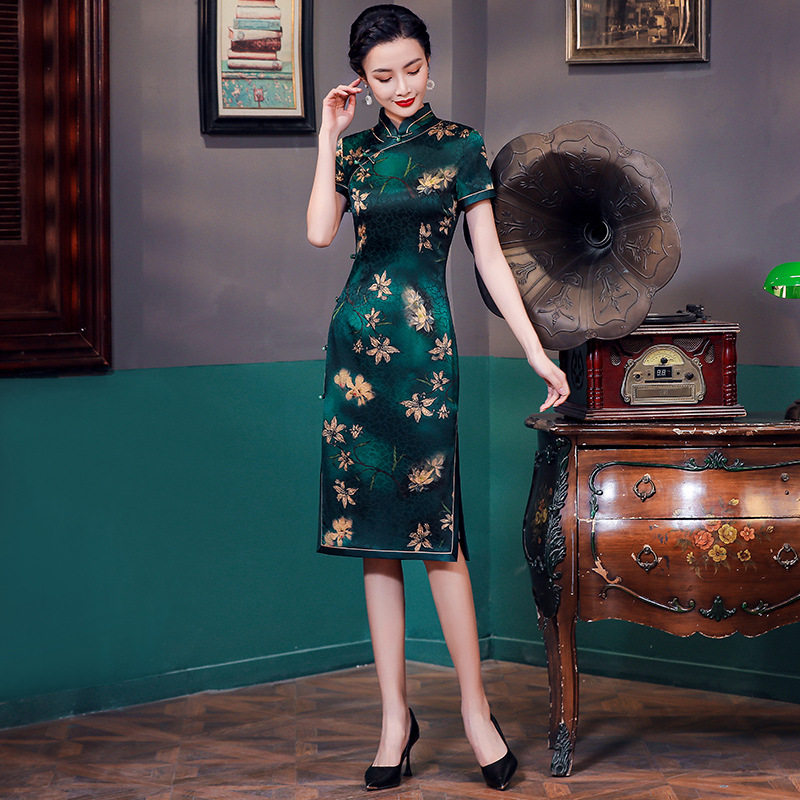 香云纱中长款日常礼服复古风旗袍