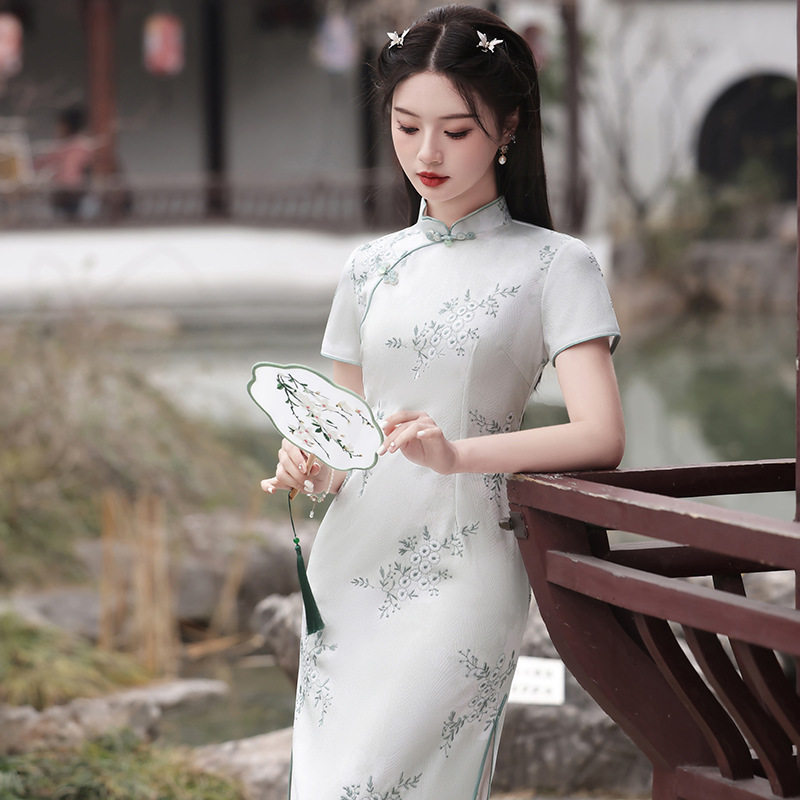 仟金公主短袖立领盘口长款旗袍女新款国风旗袍裙蕾丝修身连衣裙