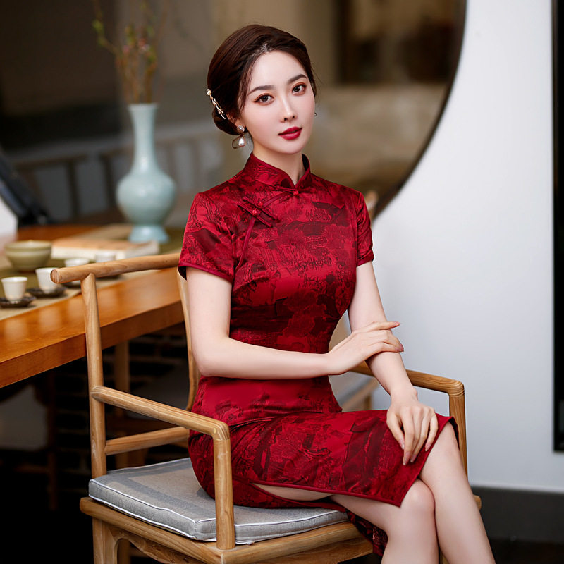女装礼服2026春新品中长红色妈妈装礼服旗袍日常修身复古时尚外贸