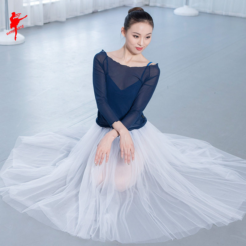 红舞鞋练功服网纱上衣女式成人形体现代舞服装古典民族半透纱衣