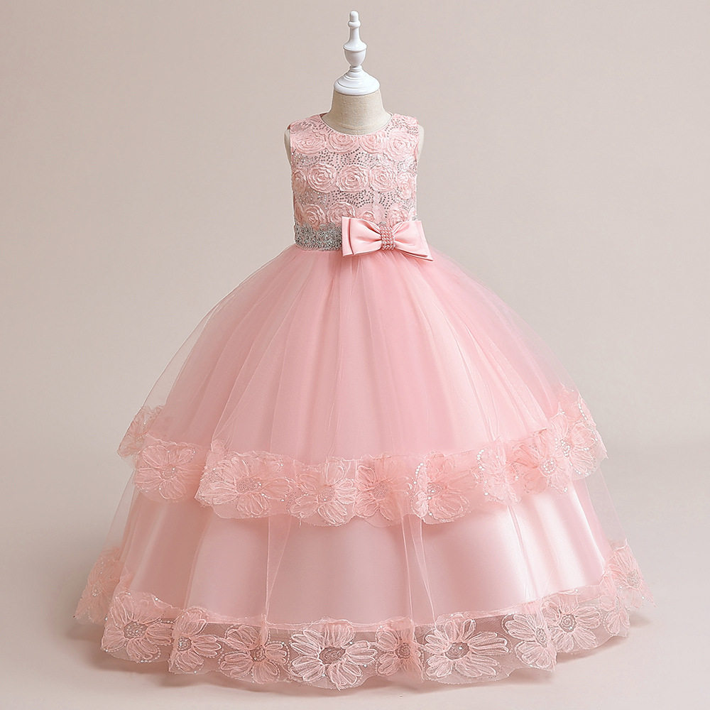 女童公主裙儿童主持人表演礼服钢琴演出服花童婚纱蓬蓬裙花朵长裙