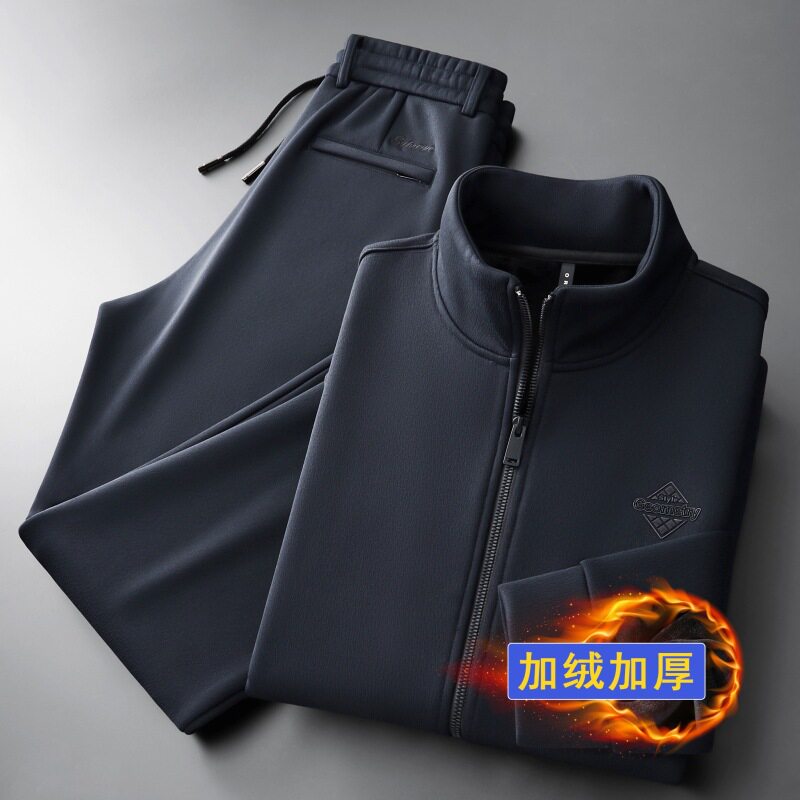 运动夹克套装男跑步休闲运动服卫衣两件套加绒加厚男士冬季跨境