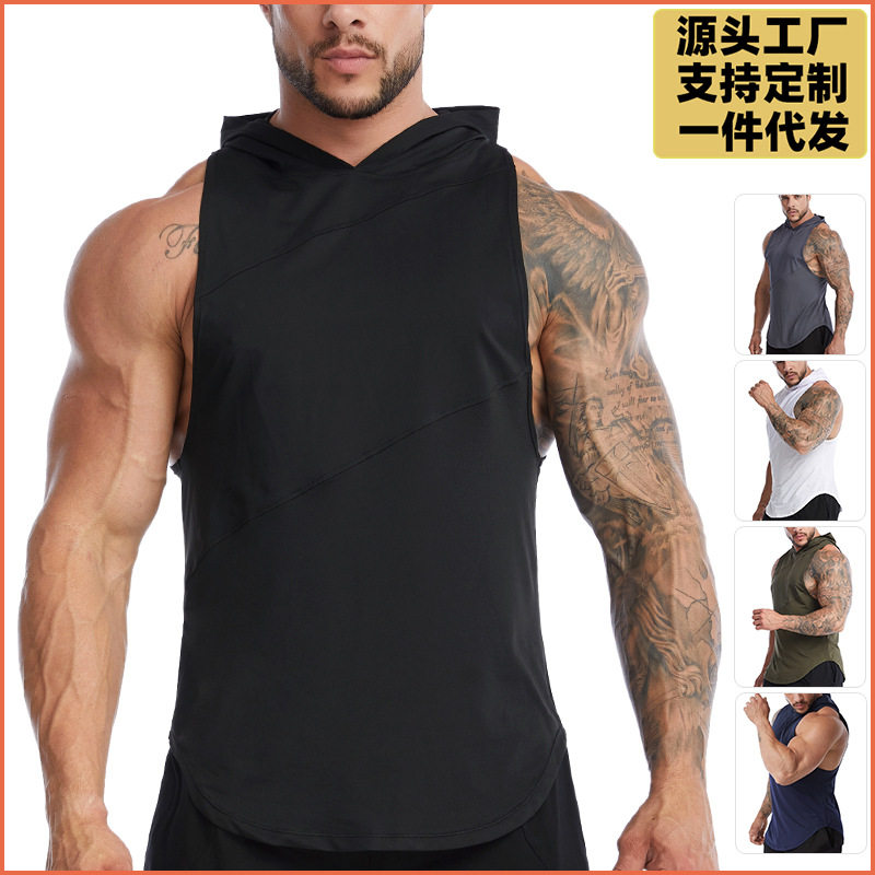 2026运动背心男宽松大码无袖健身服跑步暴汗连帽篮球背心同款外贸