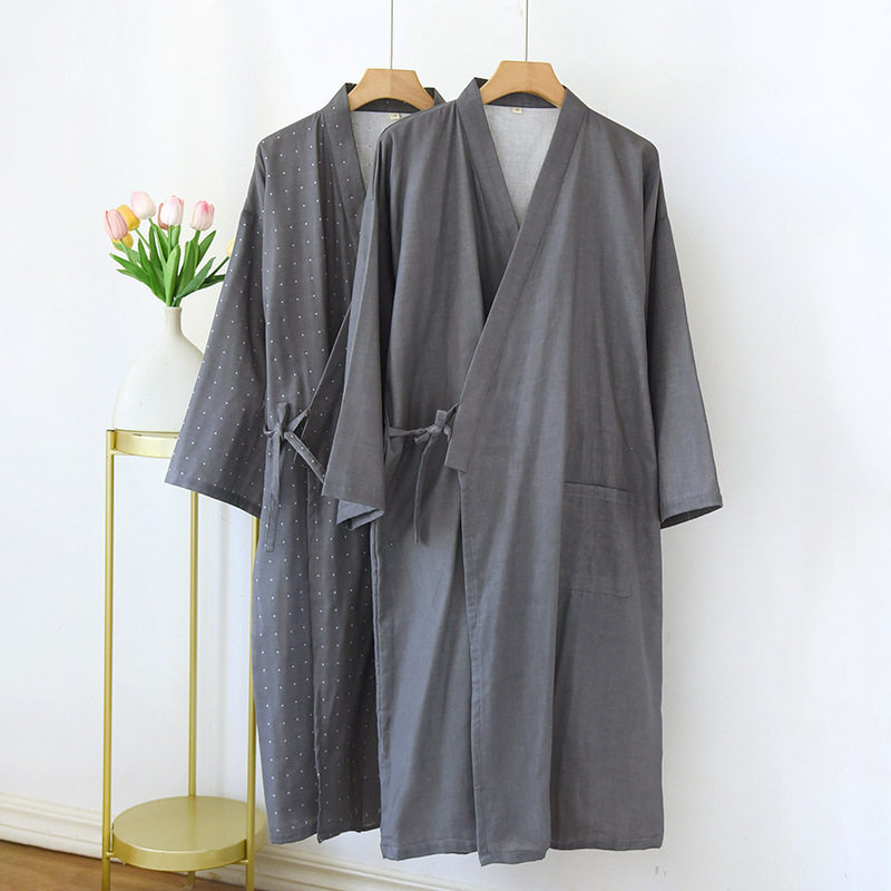 棉质色织双层纱布200斤系带和服睡袍男士薄款加肥加大浴袍家居服