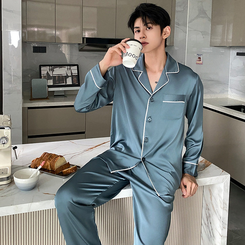 韩版睡衣男长袖春秋款丝中青年薄款冰丝潮流时尚家居服大码套装