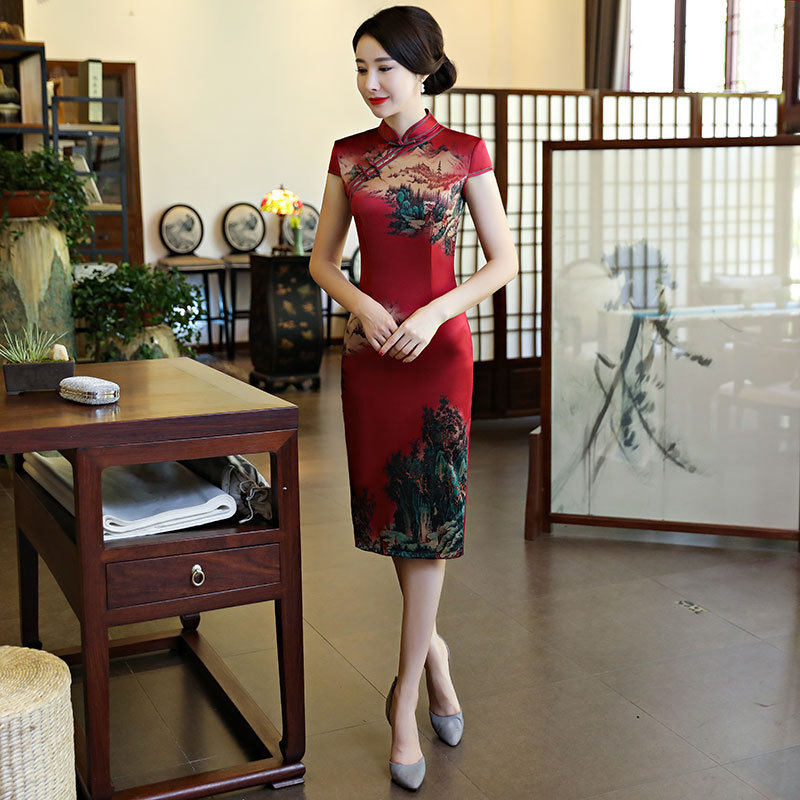 定位花双层短袖传统中长款旗袍2026春夏新款女日常连衣裙礼服气质