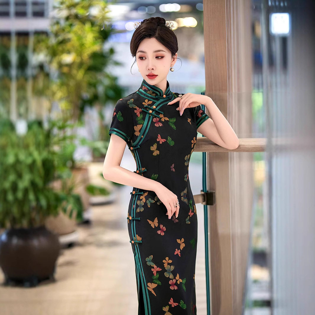 老上海旗袍复古民国高贵黑色改良气质高端女妈妈夏季修身走秀长款