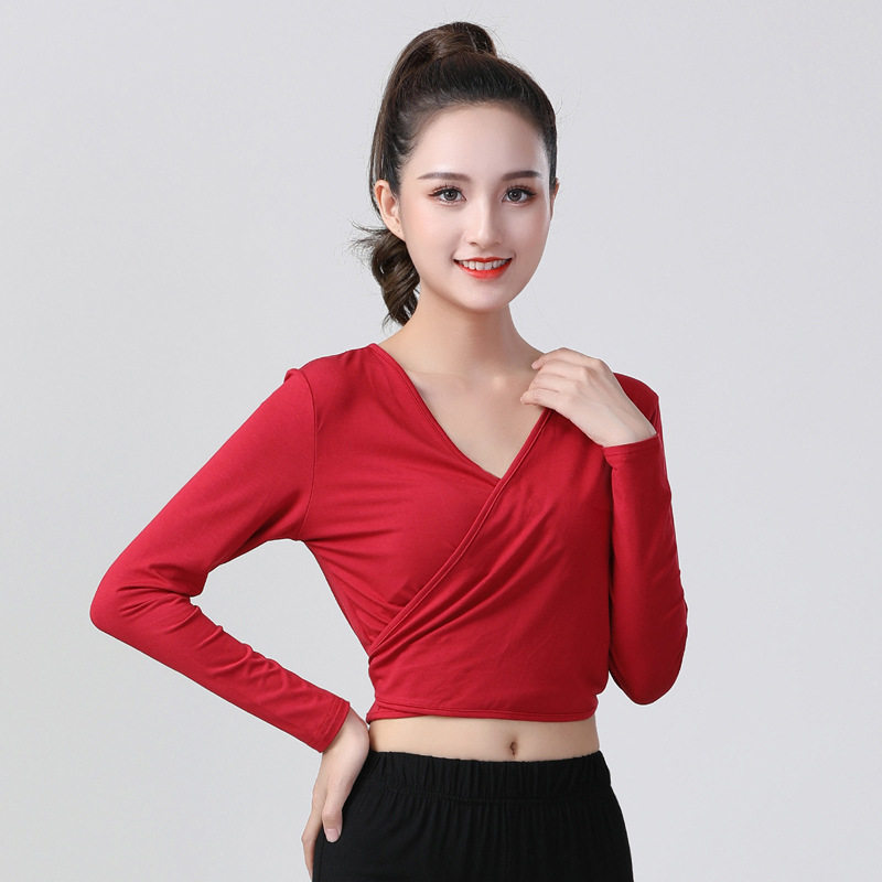 女现代舞服装成人高腰短款莫代尔绑带式上衣女长袖拉丁练功舞蹈服