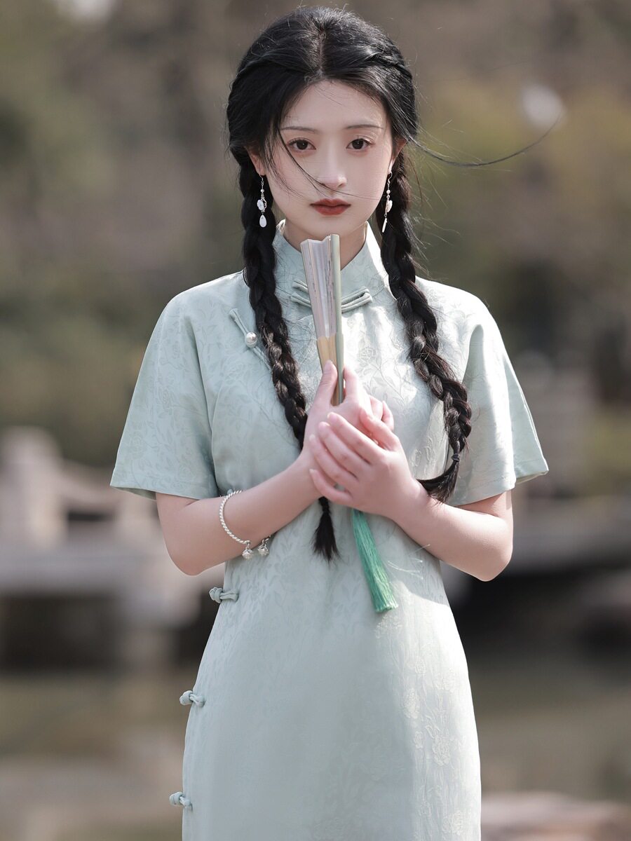 全开襟无省古法平裁长款清云锦旗袍少女2026春夏新款复古立领盘扣