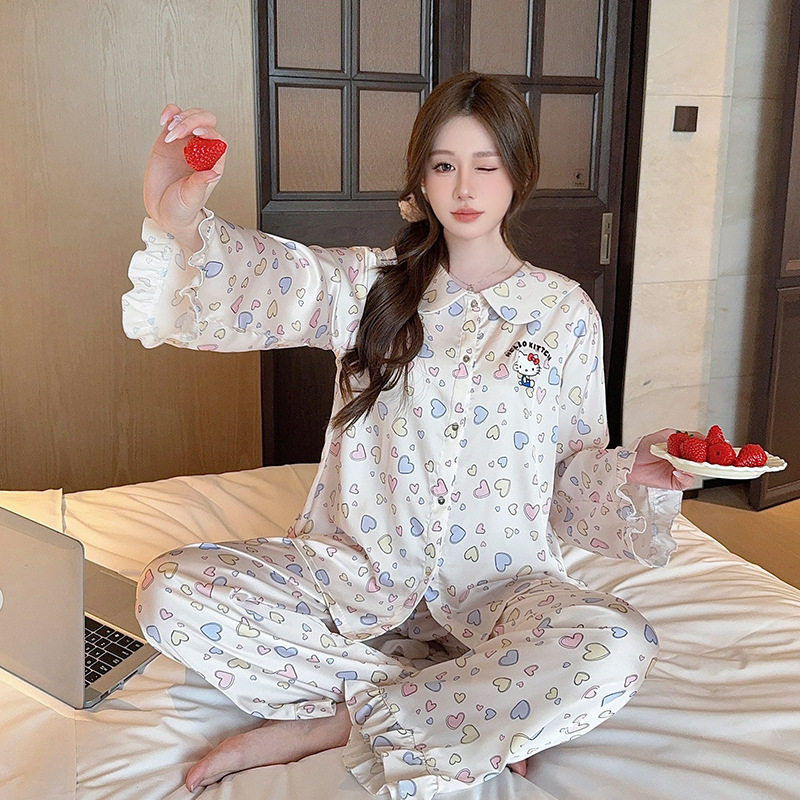 彩色爱心卡通可爱长袖睡衣女士春夏季冰丝套装薄款舒适家居服跨境