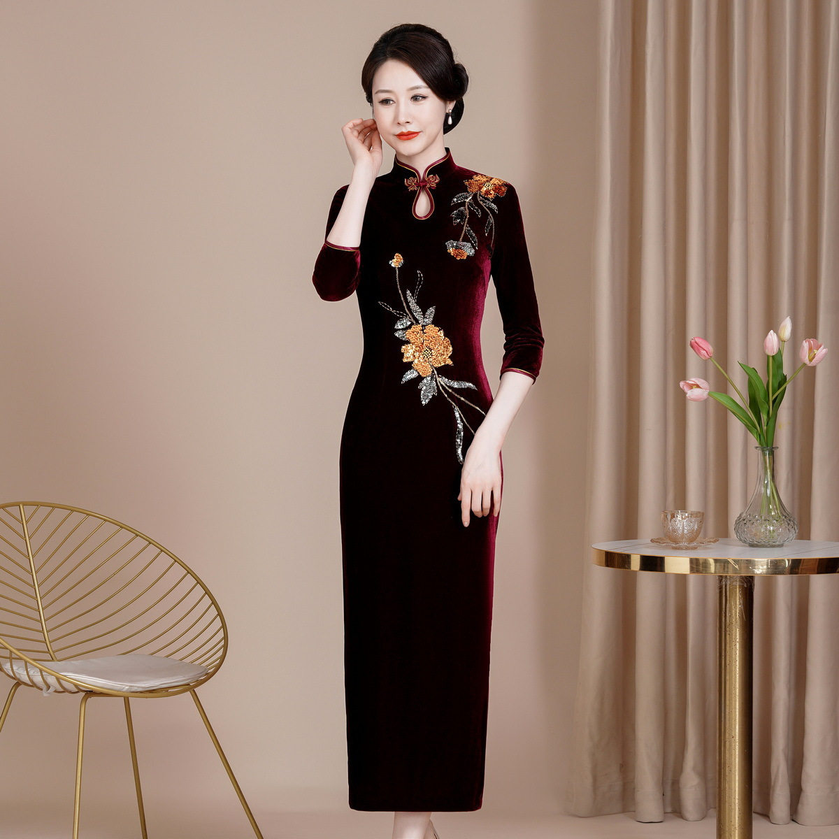 鸿韵绣新款修身改良丝绒旗袍裙大码喜妈妈婚宴礼服长款喜婆婆新款