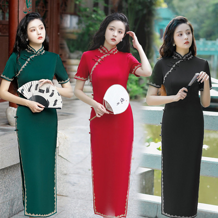 2026夏秋新款旗袍长裙绸缎连衣裙复古修身宴会演出服红色之礼服