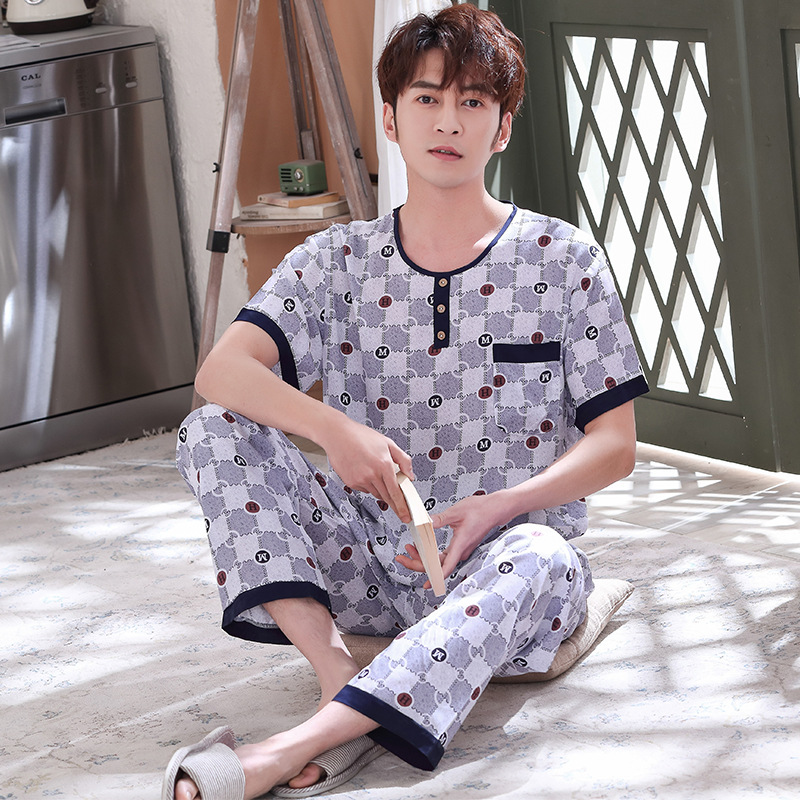 人造棉男士睡衣2025春夏季新款短袖长裤套装棉绸家居服爸爸装外贸