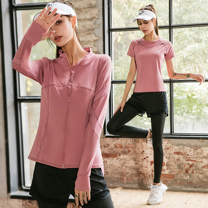 跨境外贸瑜伽服套装女长袖套手指立领假两件长裤网纱拼接运动健身