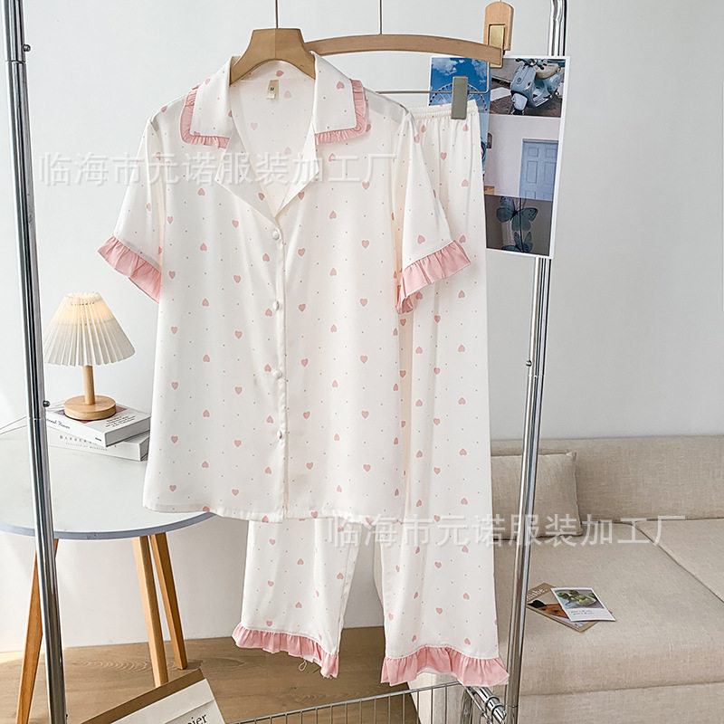 荷叶边短袖睡衣女2026夏季新款小花印花女士家居服套装跨境时尚