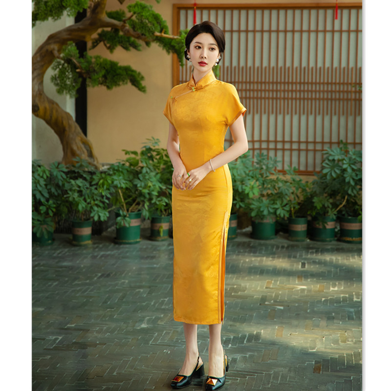苏州旗袍2026春夏款时尚改良长款连肩袖送考妈妈黄色礼服连衣裙