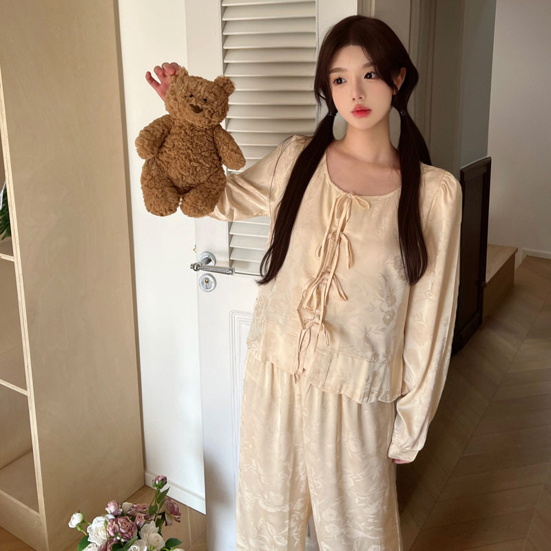 法式新款睡衣春秋冰丝甜美公主风印花长袖长裤套装家居服可外穿女