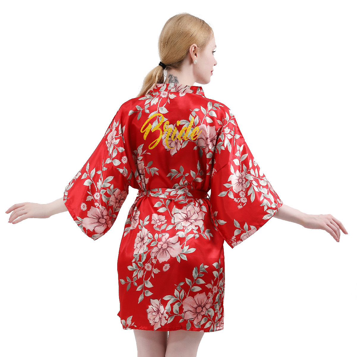 婚庆晨袍短款仿丝绸紫荆花新娘化妆晨袍仿丝伴娘姐妹服婚礼晨袍女