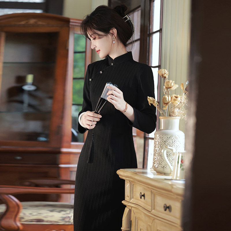 春秋冬新品黑色复古复合针织旗袍日常显瘦晚宴会礼服走秀连衣裙女