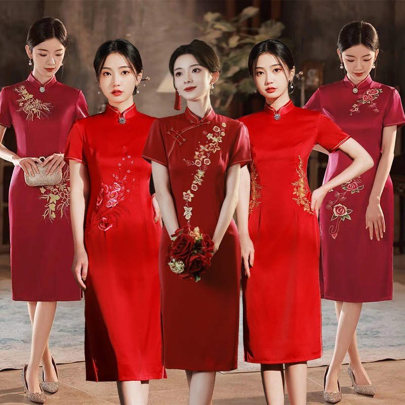 2026春这新款婚礼妈妈礼服旗袍醋酸缎高档刺绣喜婆婆晚连衣裙中长
