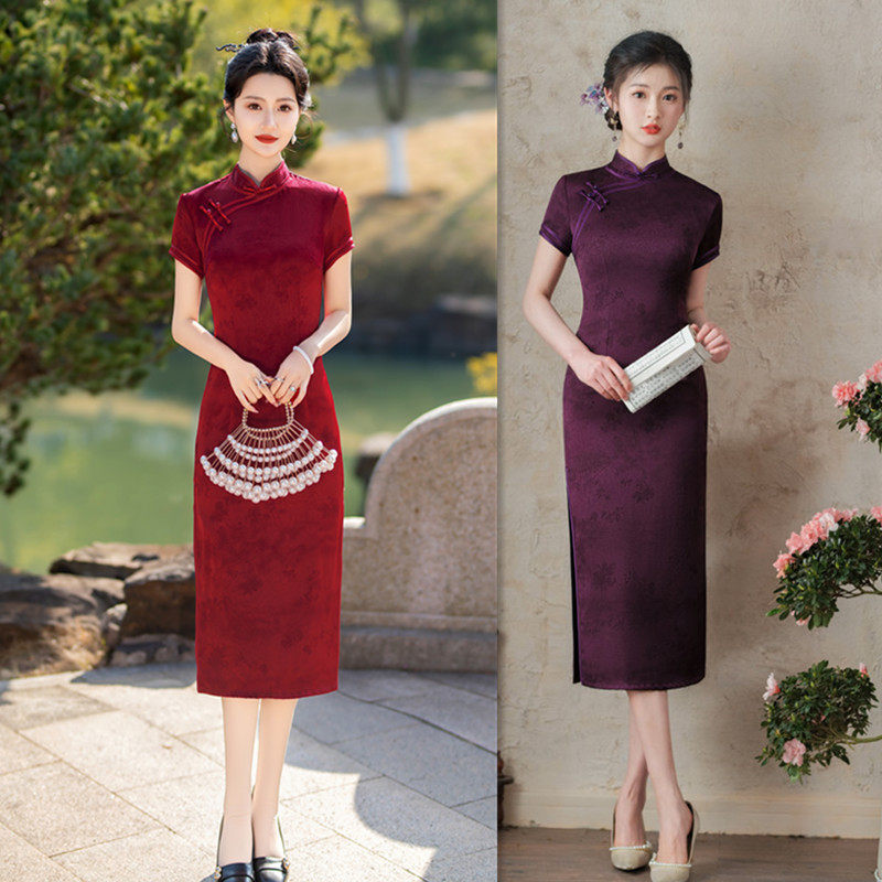 喜妈妈婚宴仿醋酸长款旗袍2026春夏新款复古国风中老年女士旗袍裙