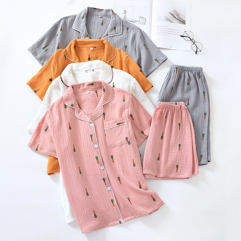 胡萝卜短袖短裤全棉绉布套装水洗棉纱夏季家居服日系少女睡衣