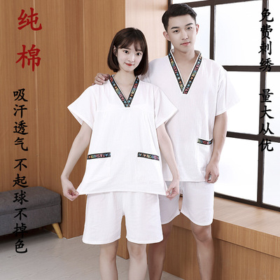 汗蒸服白色男女情侣桑拿洗浴服棉质按摩足疗服套装家居服睡衣刮痧