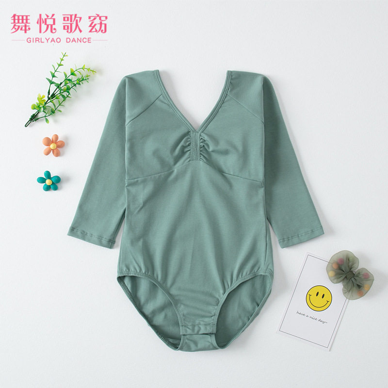新款带内衬V领胸前收褶棉7分中袖女童形体考级芭蕾舞蹈练功服开档