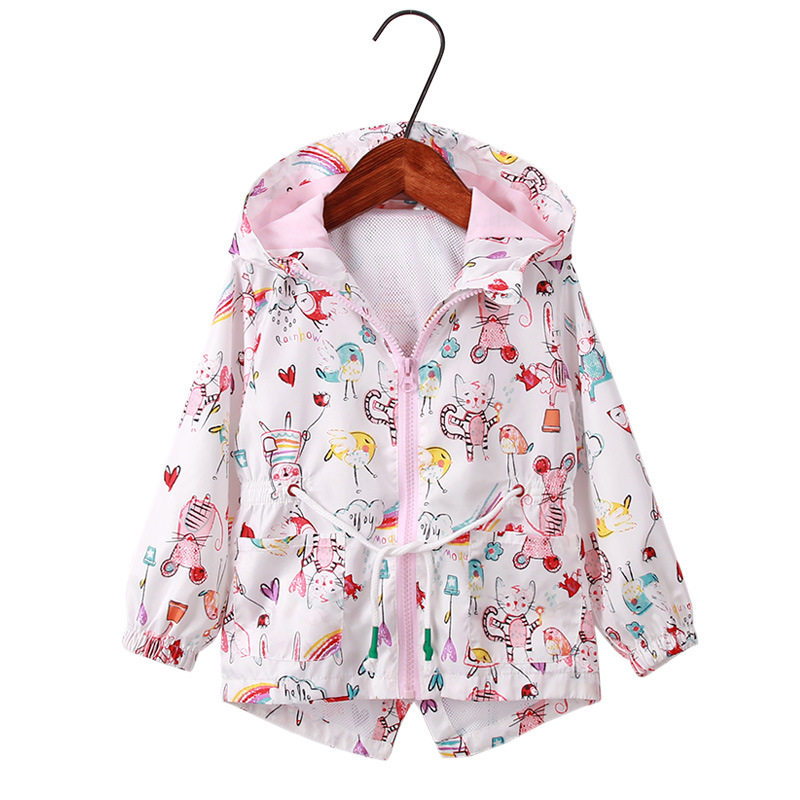 春秋新品欧美女童风衣收腰抽绳猫咪老鼠涂鸦粉夹克防风冲锋衣外套