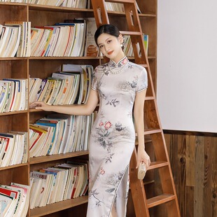 2026夏秋新款短袖长款绸缎素白中国风显瘦旗袍大码女装连衣裙礼服