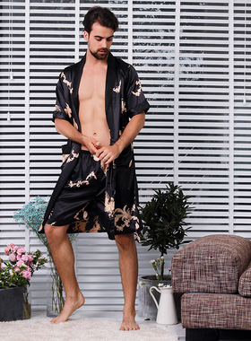 跨境男士丝绸睡袍两件套2005春夏季新品薄款短袖睡衣大码浴袍海外