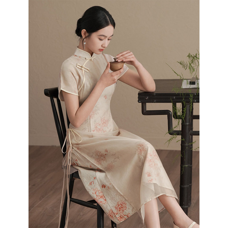 丝麻印花奥黛旗袍新中式女装中国风禅意茶服茶艺师汉服改良连衣裙