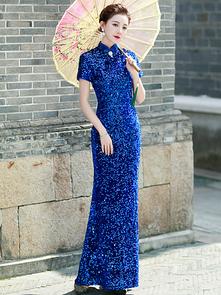 金丝绒走秀旗袍长款舞台演出服复古改良年轻款亮片鱼尾礼服裙气质