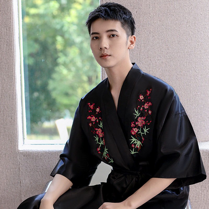 2026秋季新款男士睡衣浴袍黑色中国风绸缎宽松舒适酒店浴场会所