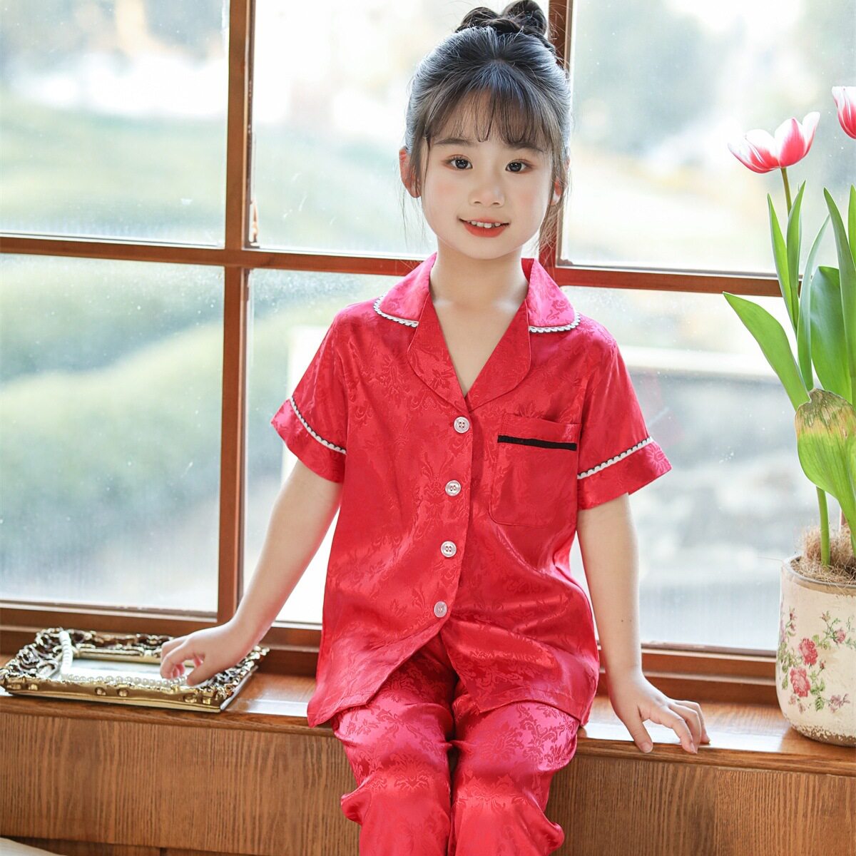 2026夏季纯色暗纹提花丝绸女宝睡衣套装短袖长裤家居服外贸女孩子