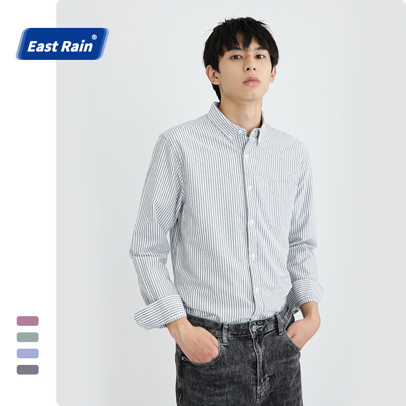 ER跨境男装2026春上新纯棉条纹津纺男士长袖衬衫修身衬衣服装衣服