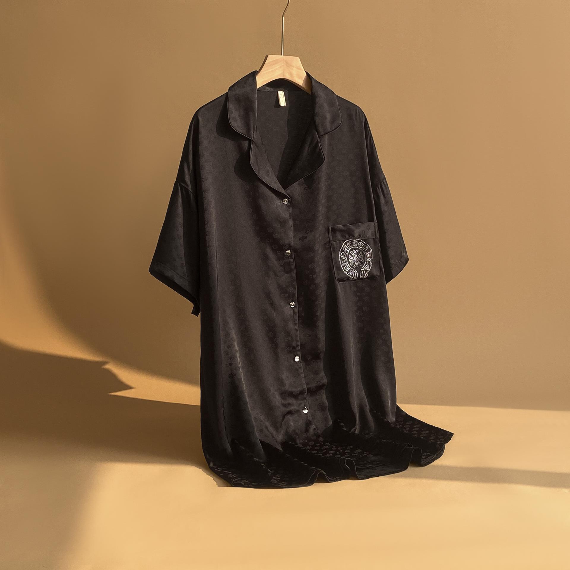 简约睡衣女士2026夏季冰雪丝提花烫钻衬衫裙性感黑色时尚家居服