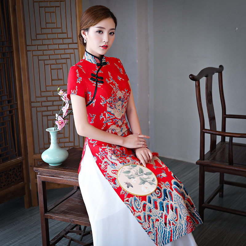 越南奥黛旗袍连衣裙长款2026春季新款中式礼仪改良日常妈妈短袖女