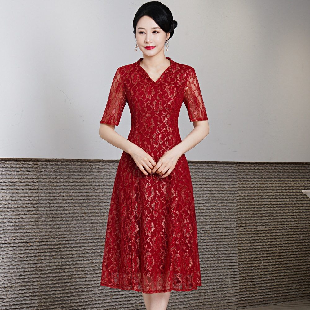2026新款蕾丝旗袍时尚复古改良旗袍连衣裙喜婆婆妈妈装中长款红色