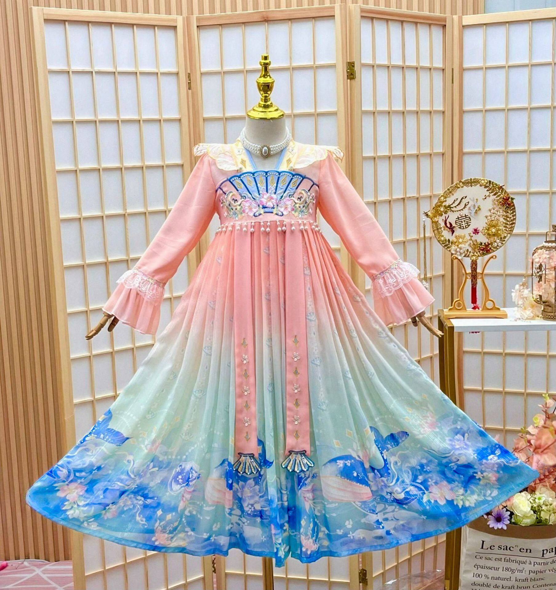 儿童汉服 女童唐装中国风超仙古装连衣裙 小女孩襦裙雪纺古风人鱼