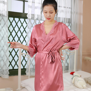 夏季薄款性感V领纺丝吊带睡裙睡袍两件套丝绸睡衣女士家居服套装