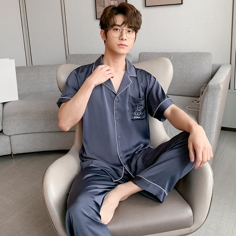 情侣睡衣女夏冰丝短袖长裤可爱小熊新款夏天丝绸男士套装时尚跨境