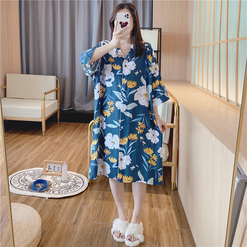 睡裙女夏季韩版印花欧美新款半袖性感棉绸睡衣女甜美女士家居服夏
