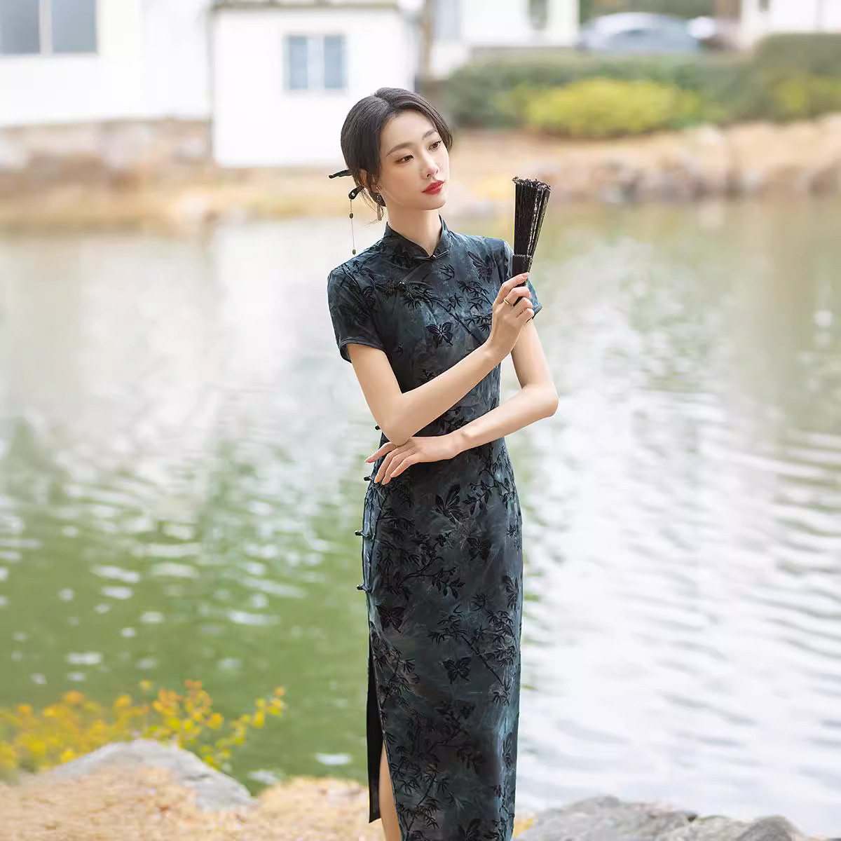 植绒扎染旗袍2026春夏新款女装复古老上海气质时尚年轻少女风礼服