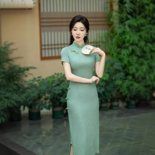 双层旗袍日常气质优雅淑女礼服女装 长款 改良提花短袖 20252025夏季