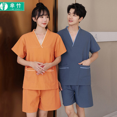 芈竹汗蒸服女水洗棉胸部双层套装男款浴衣大码足疗采耳头疗家居睡