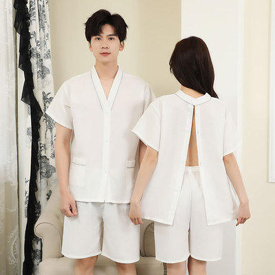 华夫格艾灸服纯棉前后开衫按摩服 艾灸理疗服养生足疗服酒店养生